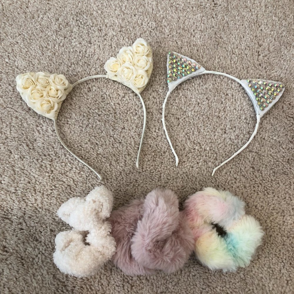NWOT Kids' Women's Cat Ears Headbands (2) with 3 Soft Plush Scrunchies - Picture 1 of 9